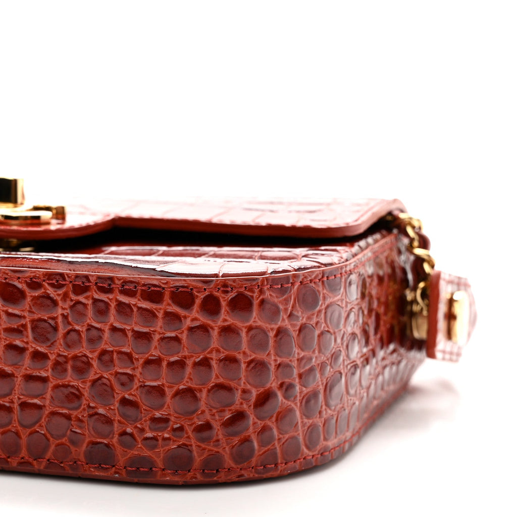 Calfskin Crocodile Embossed Turn Around Mini Flap Grey Burgundy