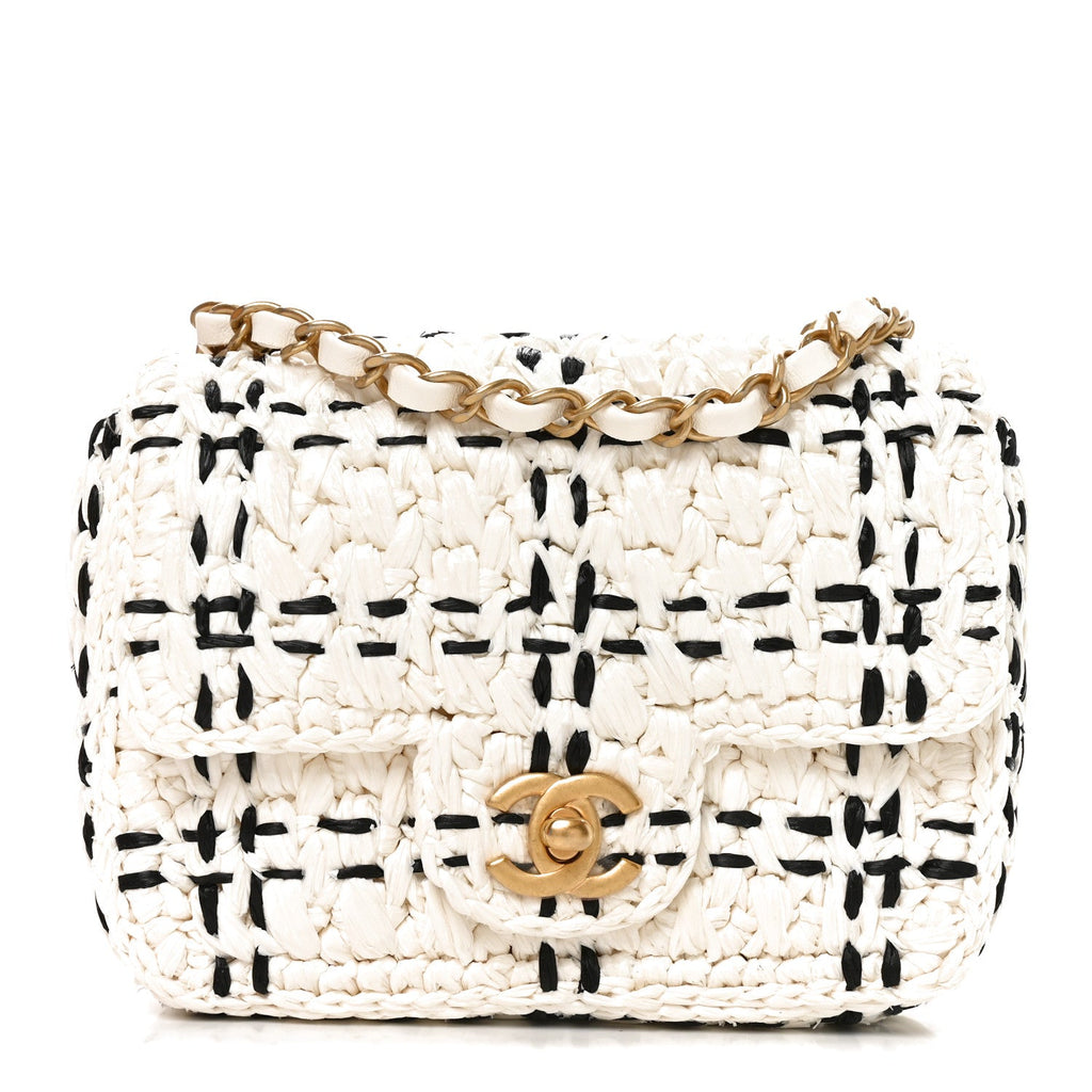 Raffia Effect Tweedy Mini Flap Bag White Black