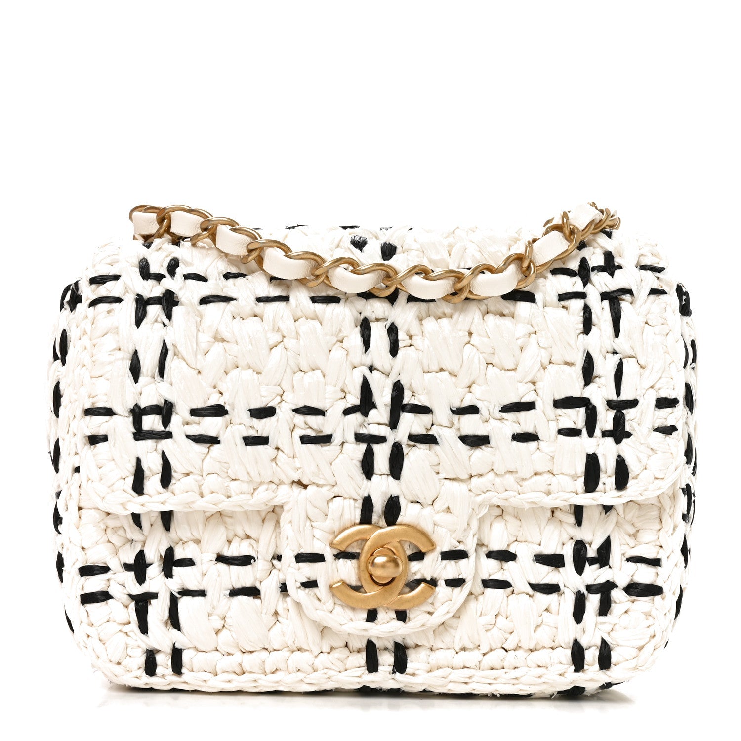 Raffia Effect Tweedy Mini Flap Bag White Black