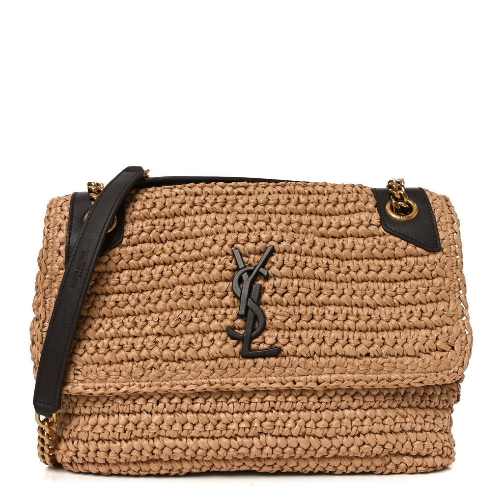 Raffia Calfskin Monogram Medium Niki Chain Satchel Natural