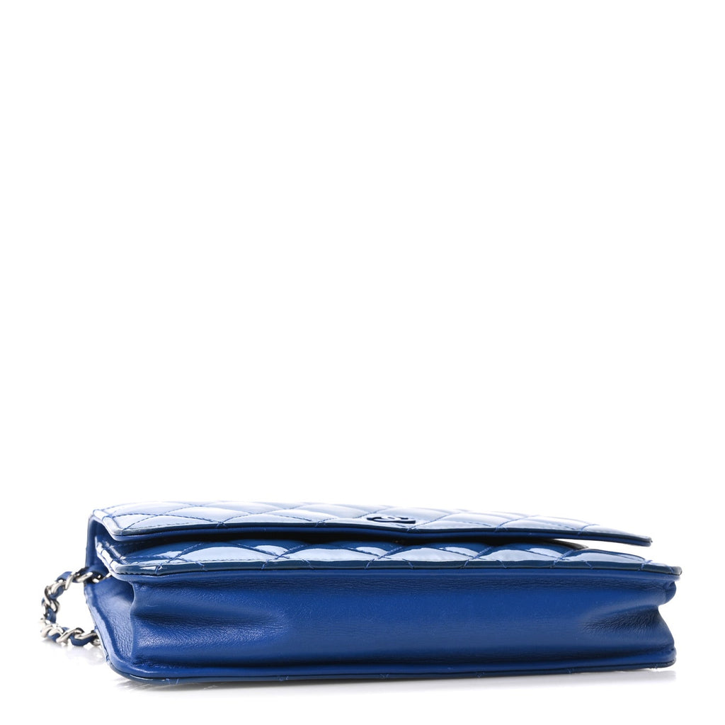 Patent Calfskin Quilted Wallet On Chain WOC Dark Blue