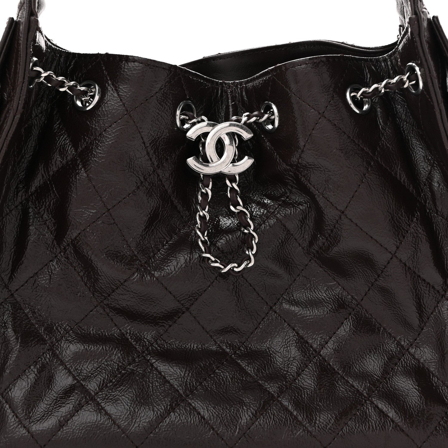 Shiny Crumpled Calfskin Quilted Small Chanel 25 Handbag Dark Brown