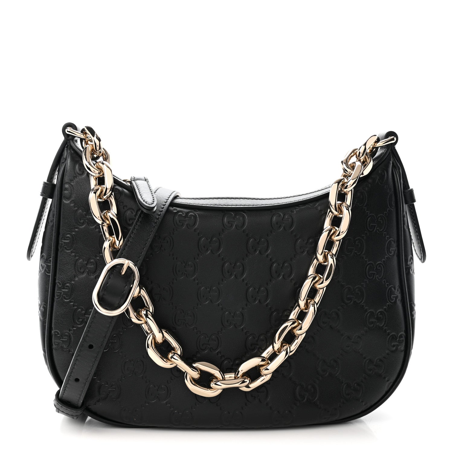 GG Calfskin Embossed Emblem Medium Half Moon Shoulder Bag Black