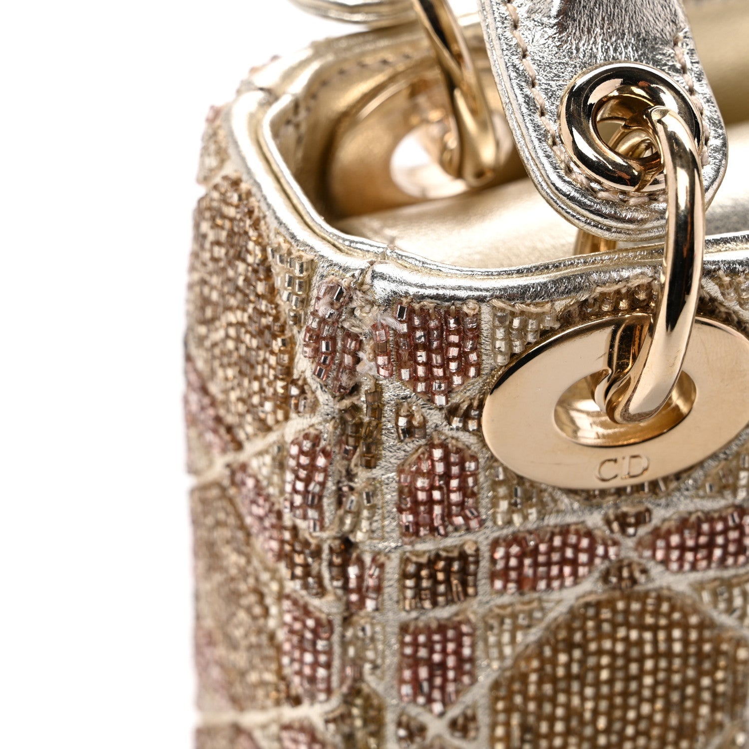 Metallic Lambskin Cannage Beaded Embroidered Micro Lady Dior Gold