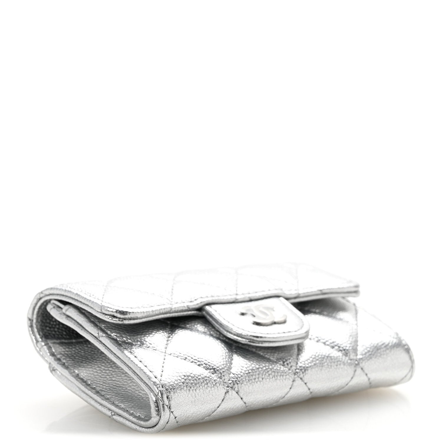 Glittered Metallic Caviar Quilted Flap Card Holder Wallet Silver