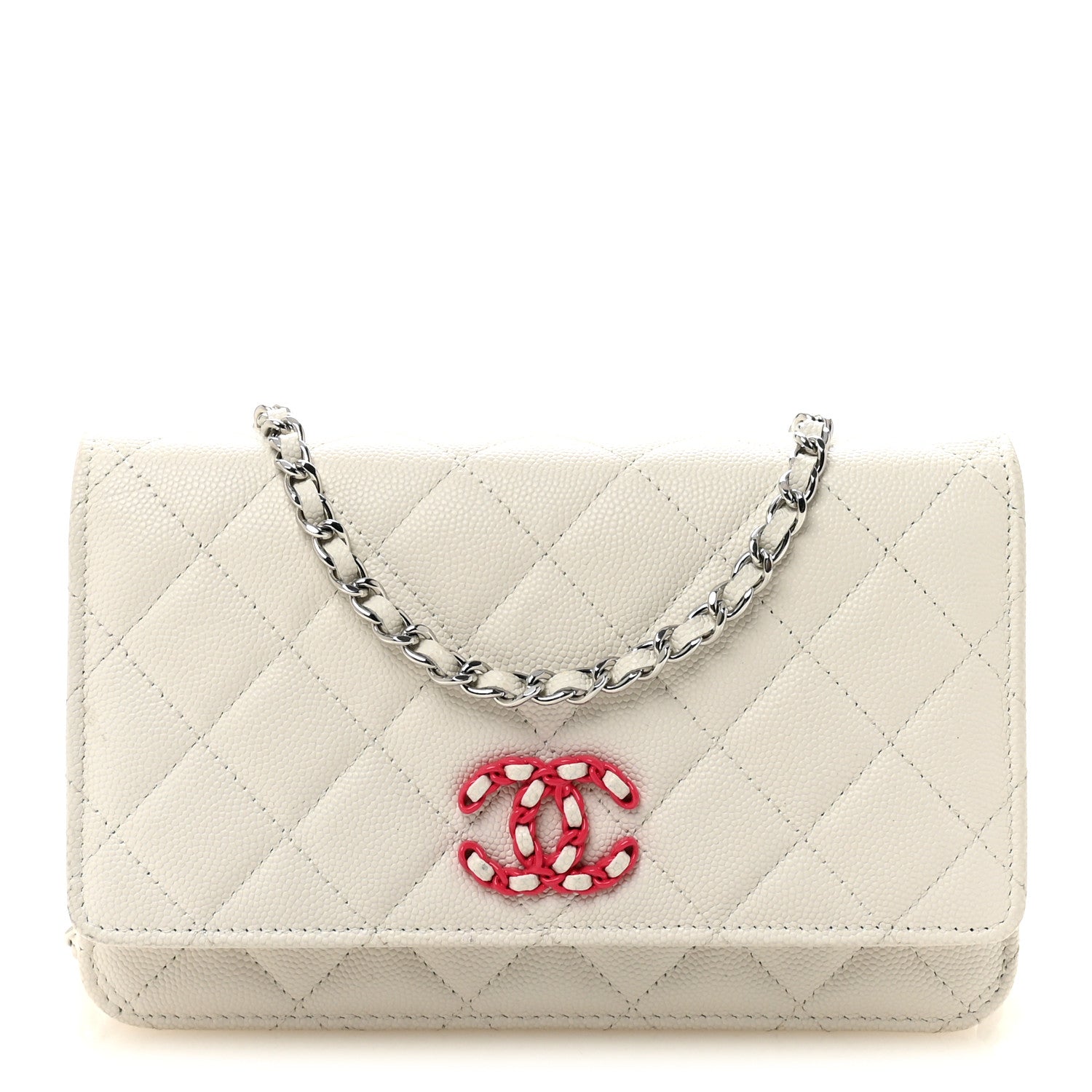 Caviar Quilted Chanel 19 Wallet On Chain WOC White Pink