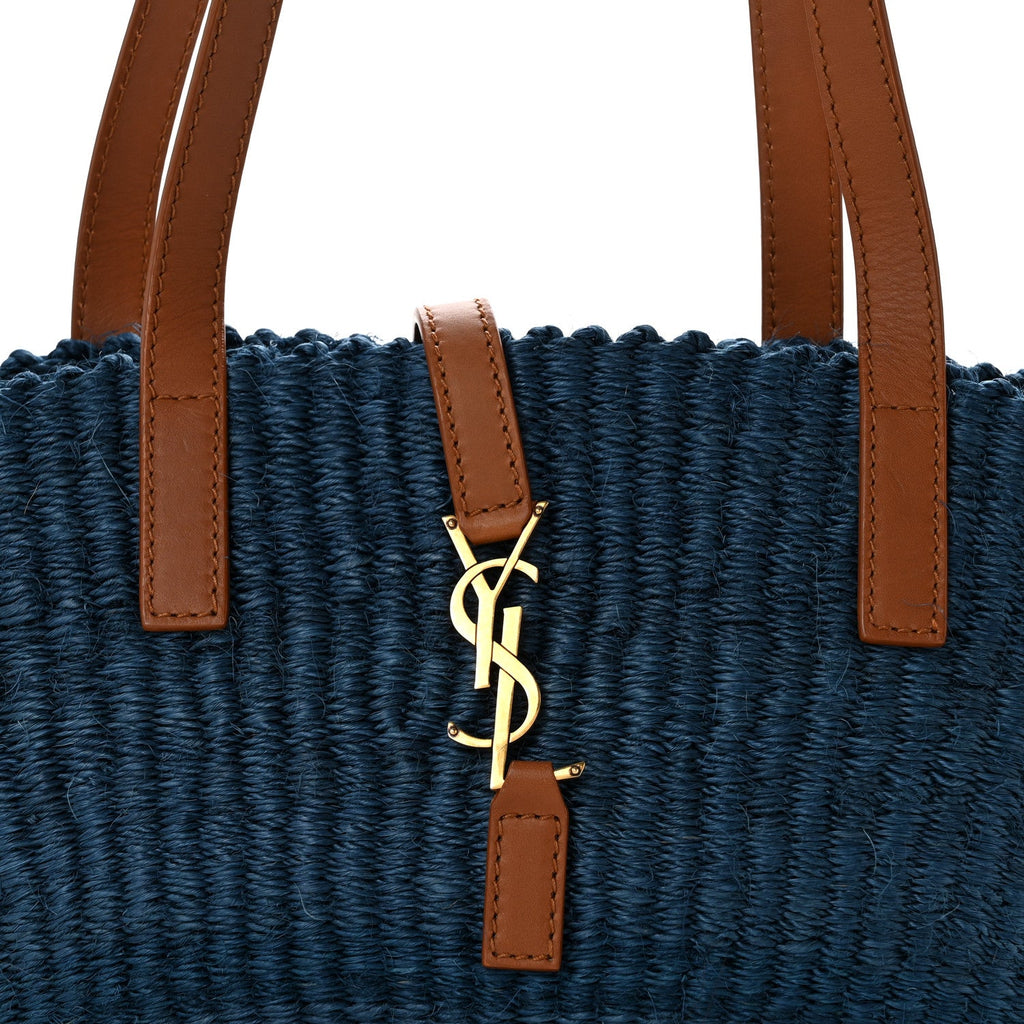 Raffia Calfskin Small Panier Tote Blue