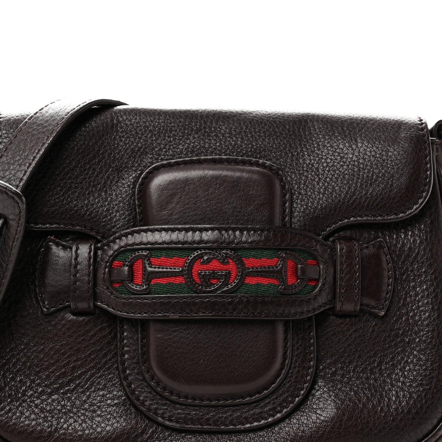 Pebbled Calfskin Web Small Dressage Shoulder Bag Dark Brown