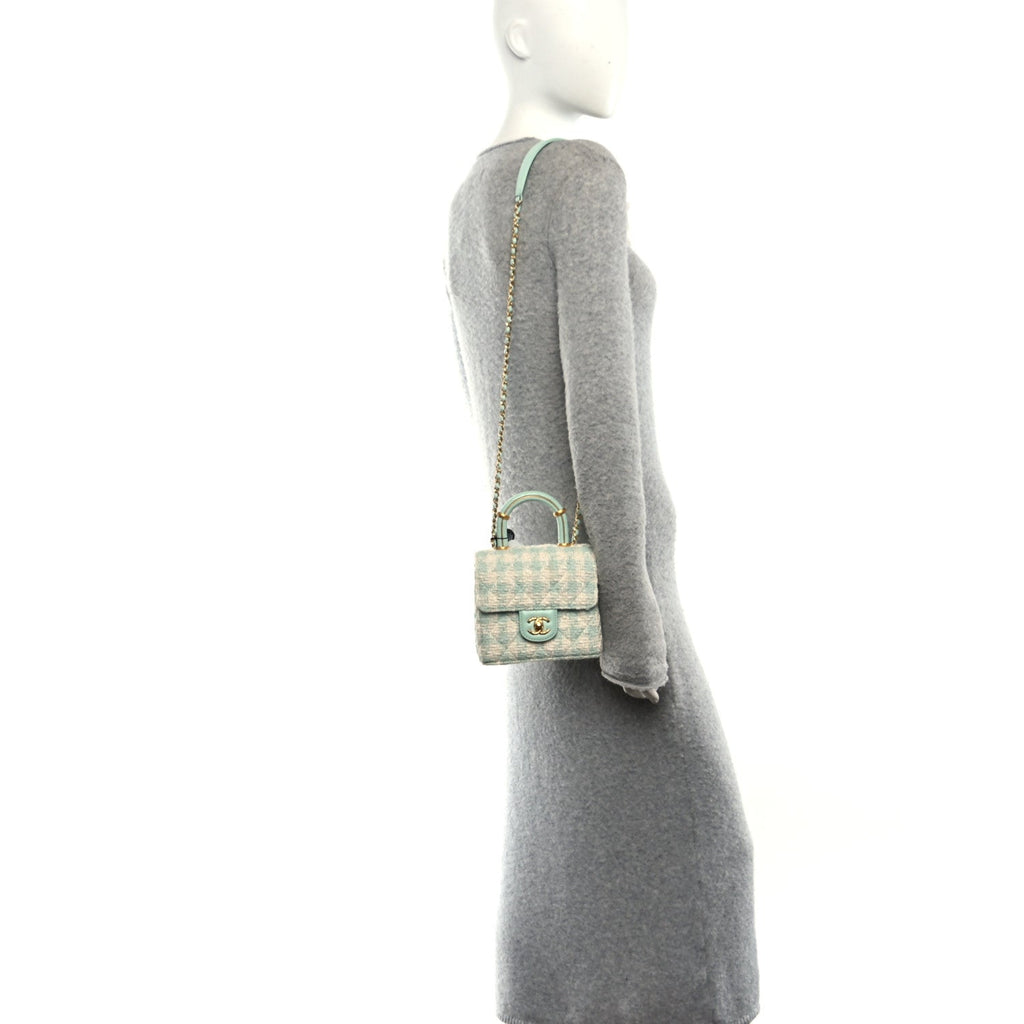 Tweed Handle Crush Top Handle Flap Bag Light Blue Ecru