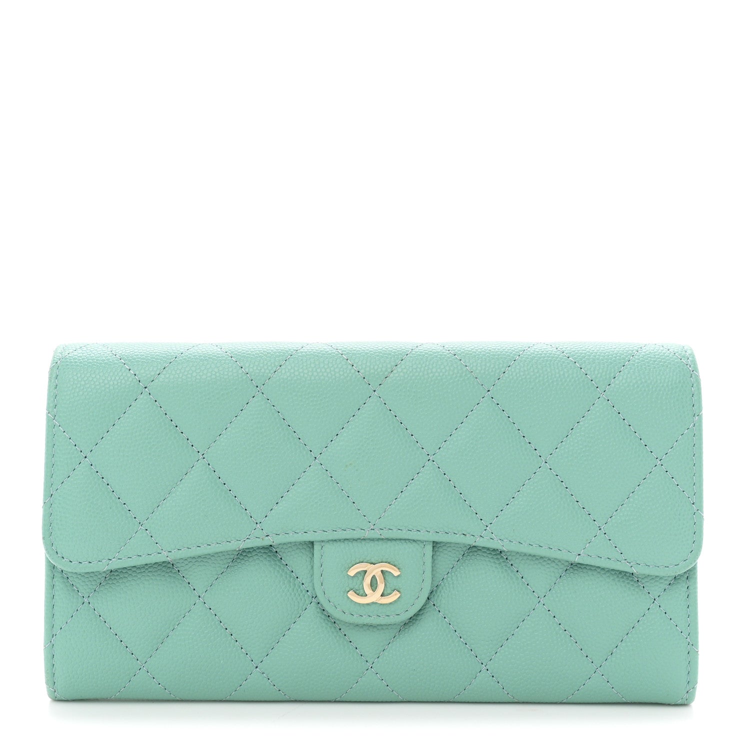 Caviar Quilted Large Gusset Flap Wallet Light Green