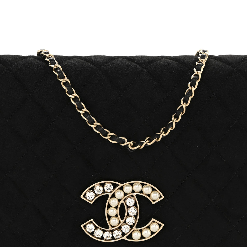 Suede Quilted Crystal Pearl CC Flap Black