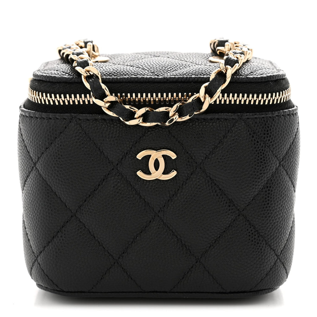 Caviar Quilted Mini Vanity Case With Chain Black