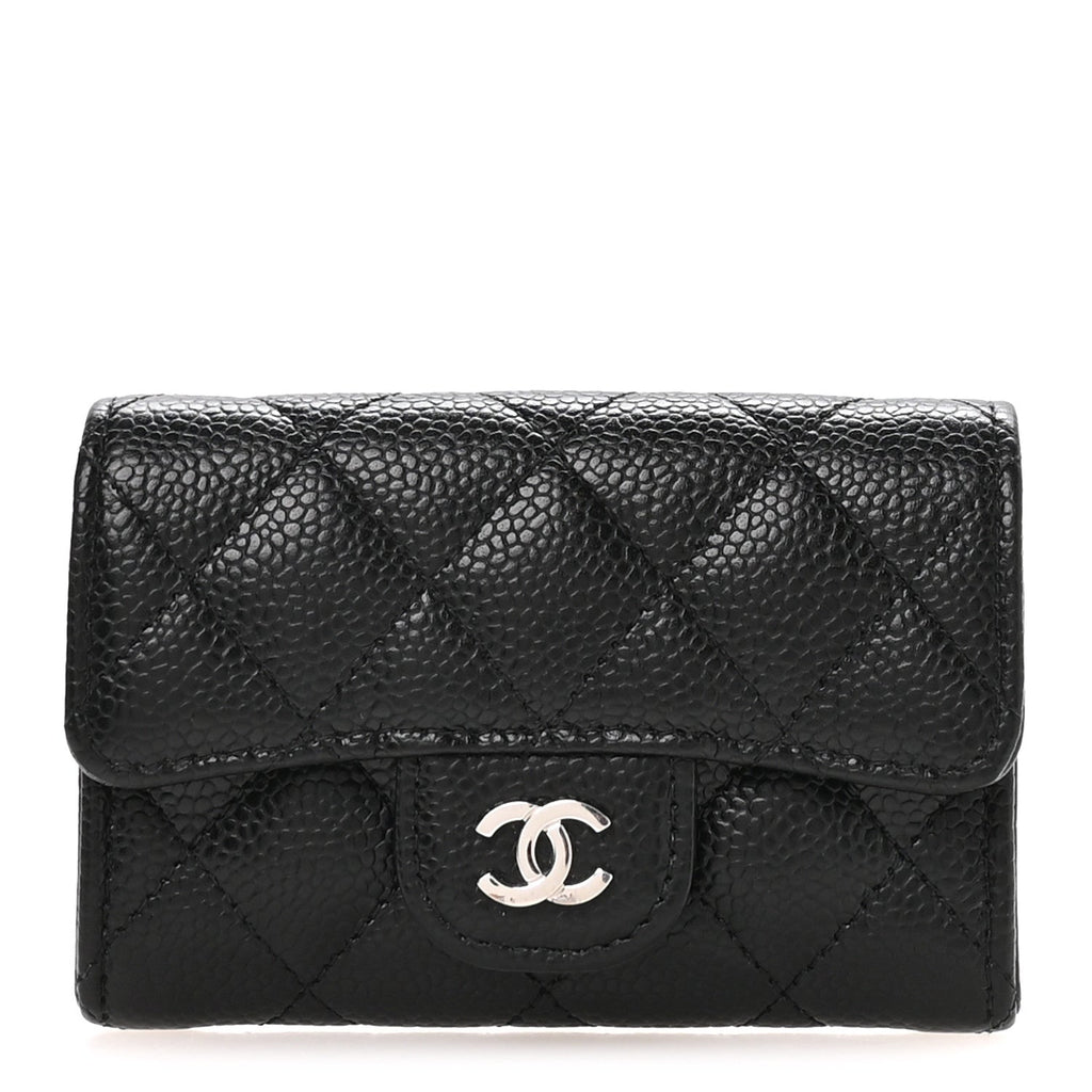 Caviar Quilted Flap Card Holder Wallet Black