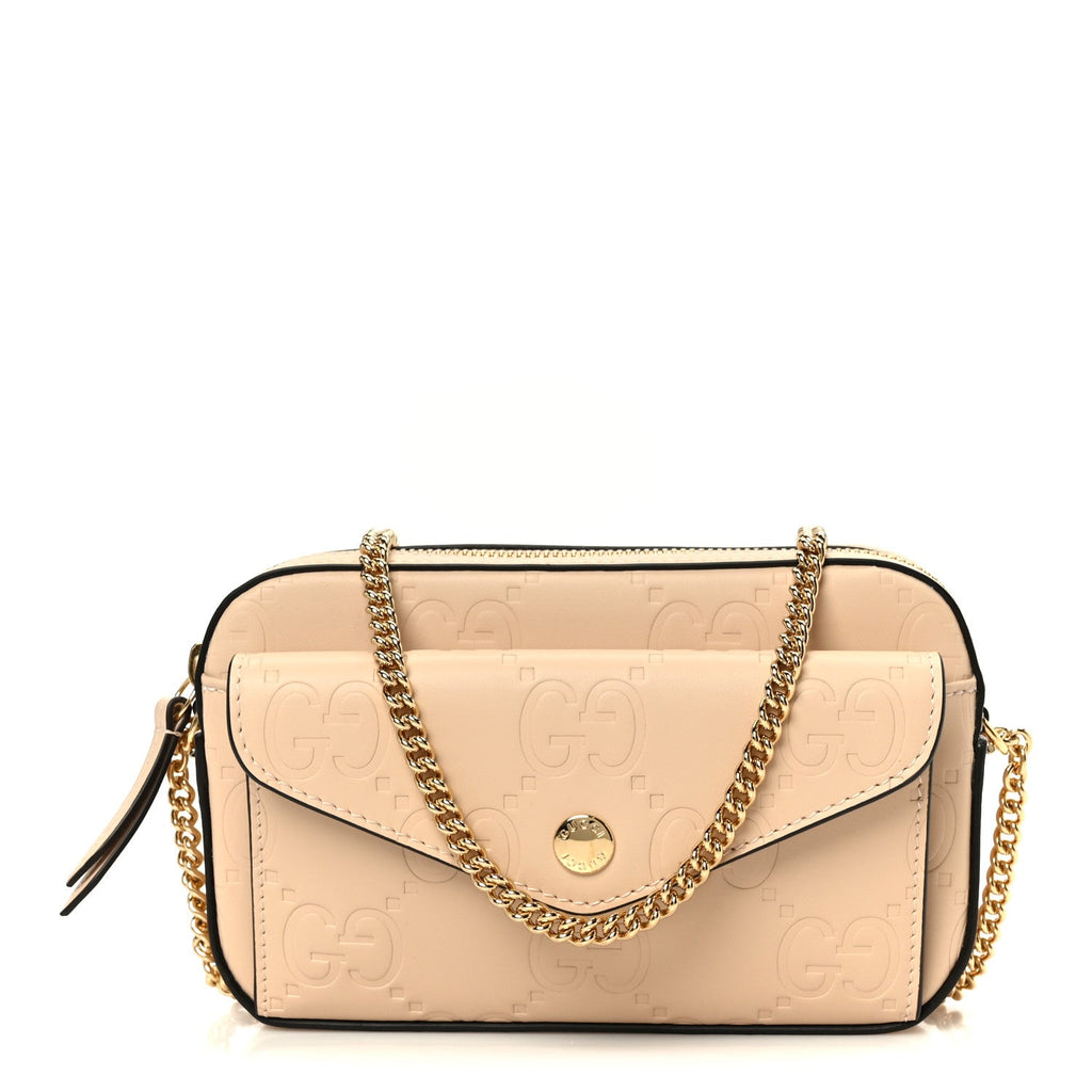 Calfskin GG Super Mini Debossed Chain Wallet Light Beige