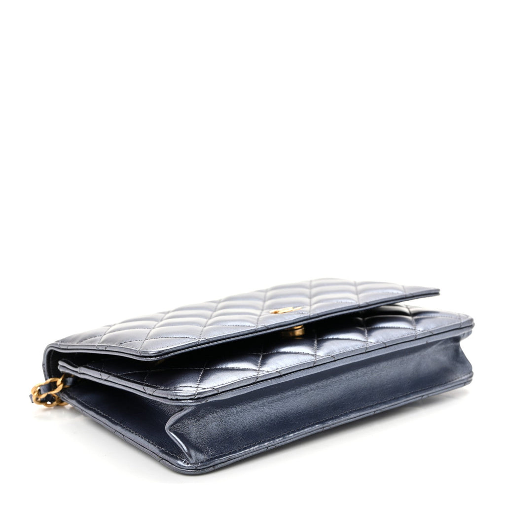 Metallic Calfskin Quilted Wallet On Chain WOC Navy Blue