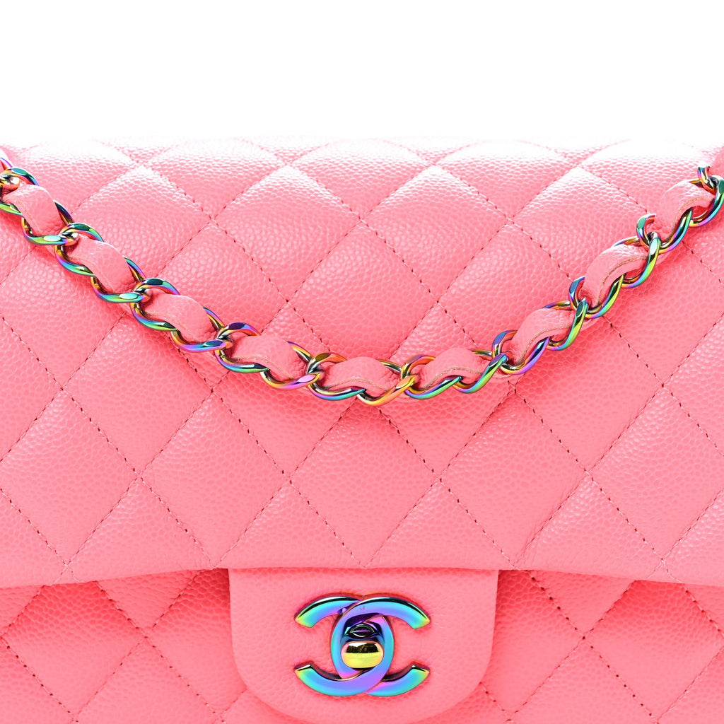 Caviar Quilted Rainbow Medium Double Flap Coral Pink