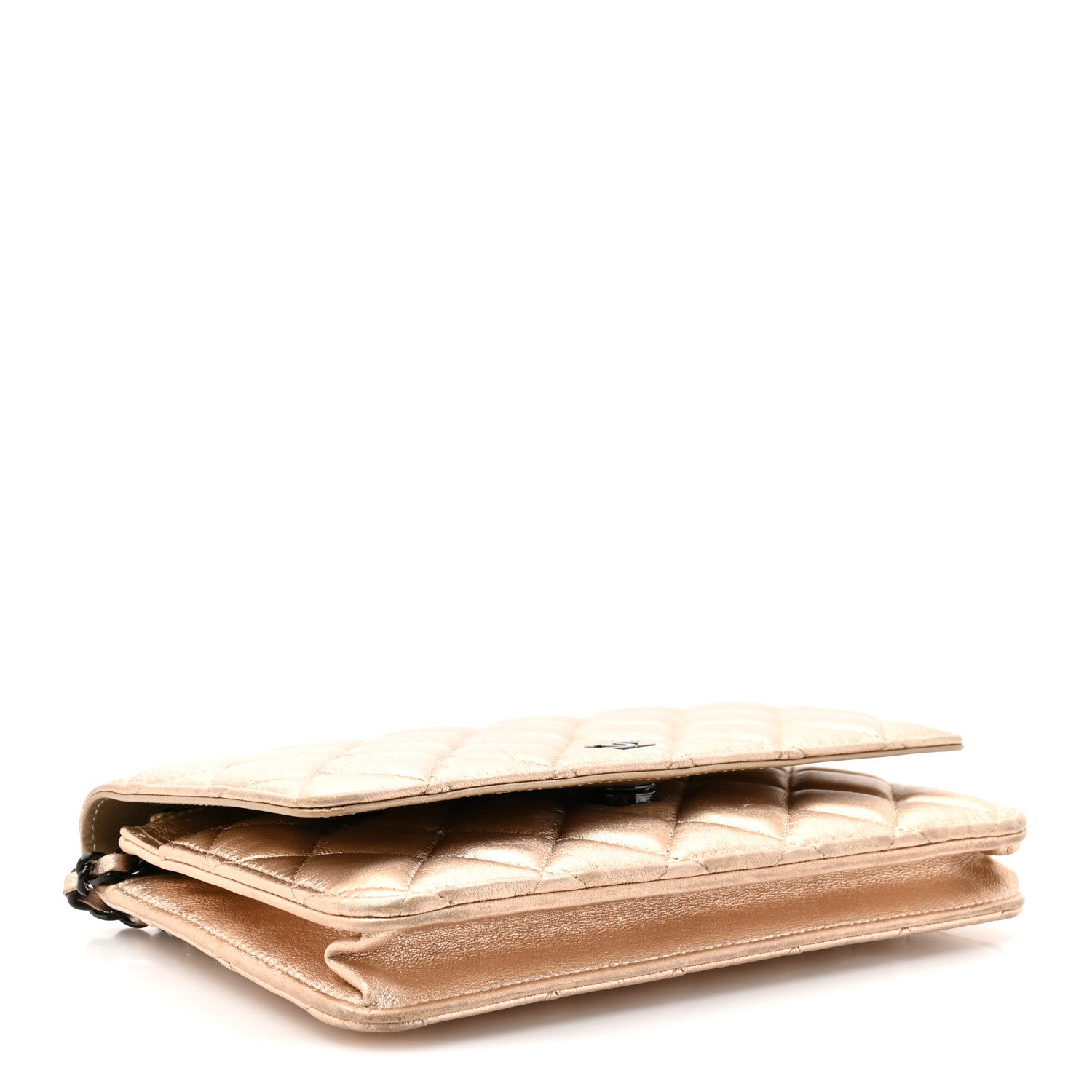 Metallic Lambskin Quilted Wallet On Chain WOC Gold Black