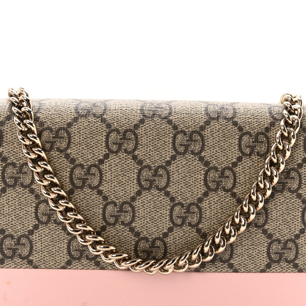 GG Supreme Monogram Textured Dollar Calfskin Mini GG Marmont Chain Wallet Light Pink Blue Beige