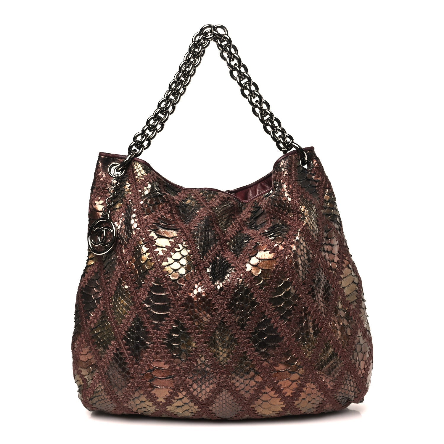 Metallic Snakeskin Crochet Large Soft and Chain Hobo Burgundy Multicolor