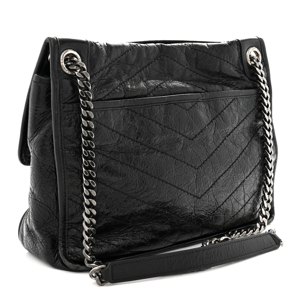 Crinkled Calfskin Matelasse Monogram Medium Niki Chain Satchel Black