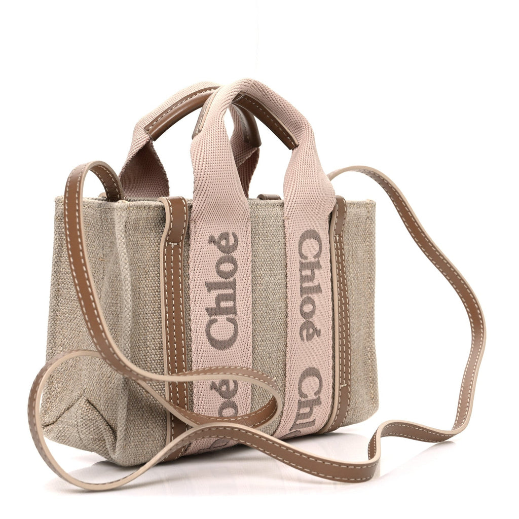 Linen Calfskin Mini Woody Ribbon Tote With Strap Blushy Beige