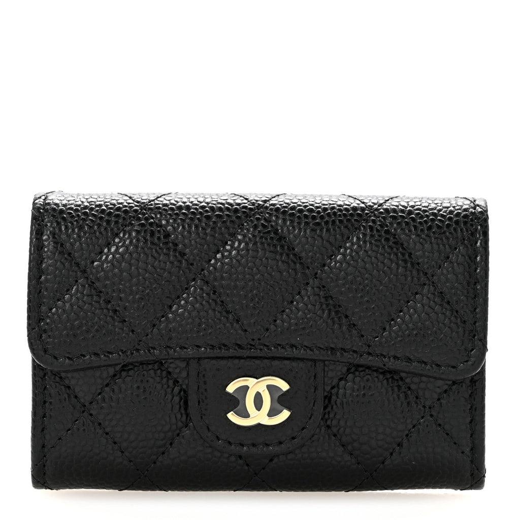 Caviar Quilted Flap Card Holder Wallet Black