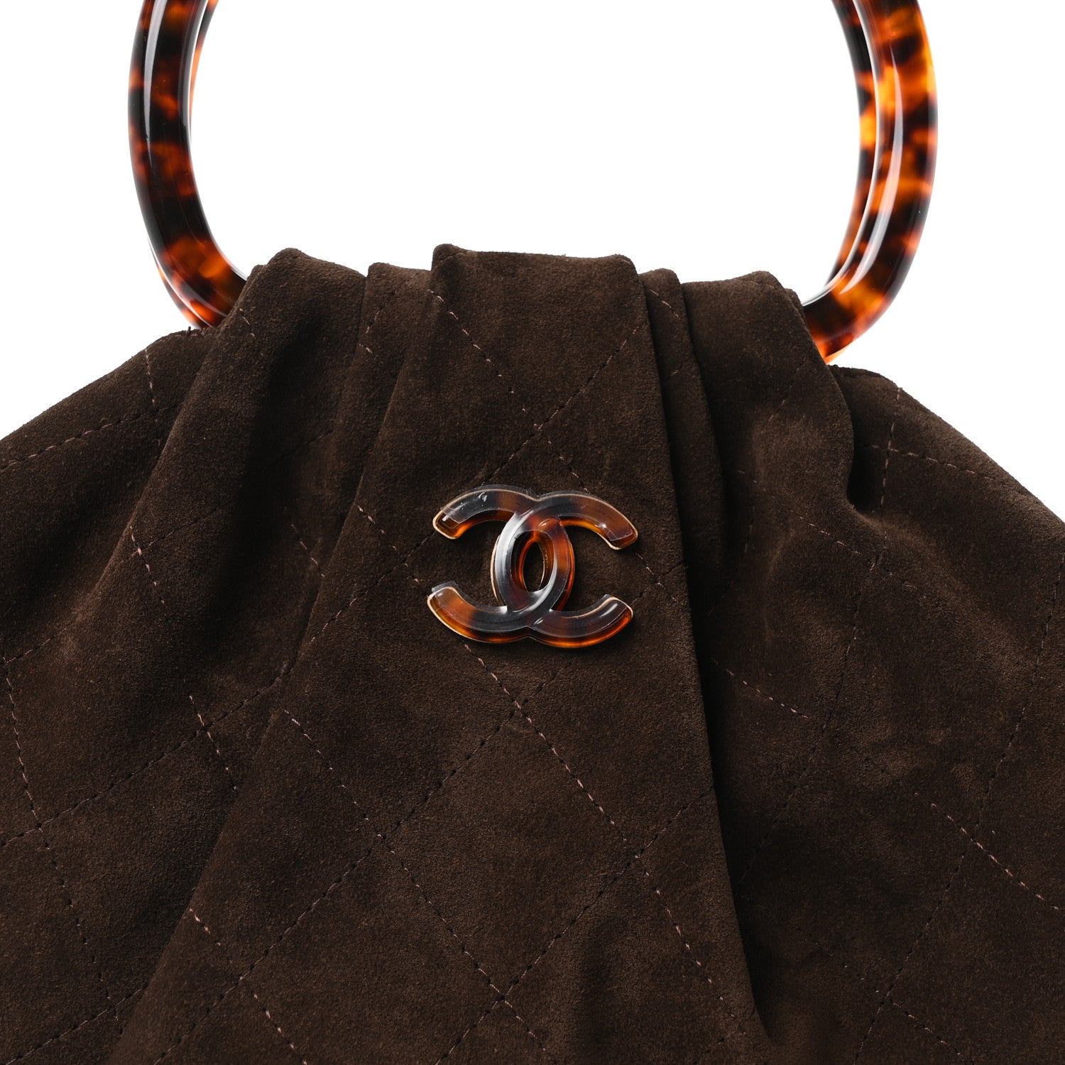 Suede Calfskin Plexiglass Tortoise Shell Quilted Pouch Dark Brown