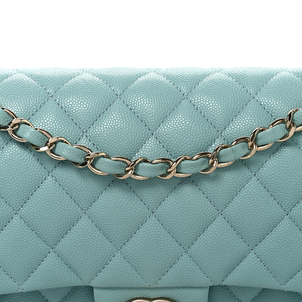 Caviar Quilted Medium Double Flap Light Blue