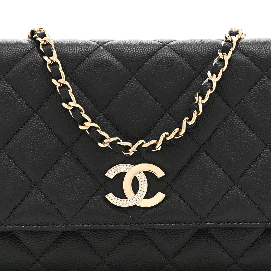 Caviar Quilted Crystal CC Wallet On Chain WOC Black