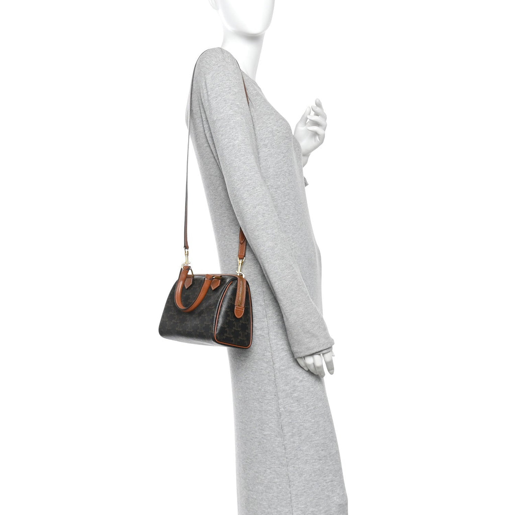 Triomphe Canvas Calfskin Small Boston Bag Tan