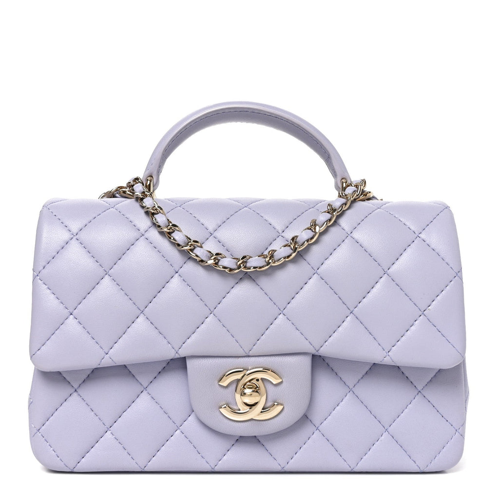 Lambskin Quilted Mini Top Handle Rectangular Flap Light Purple