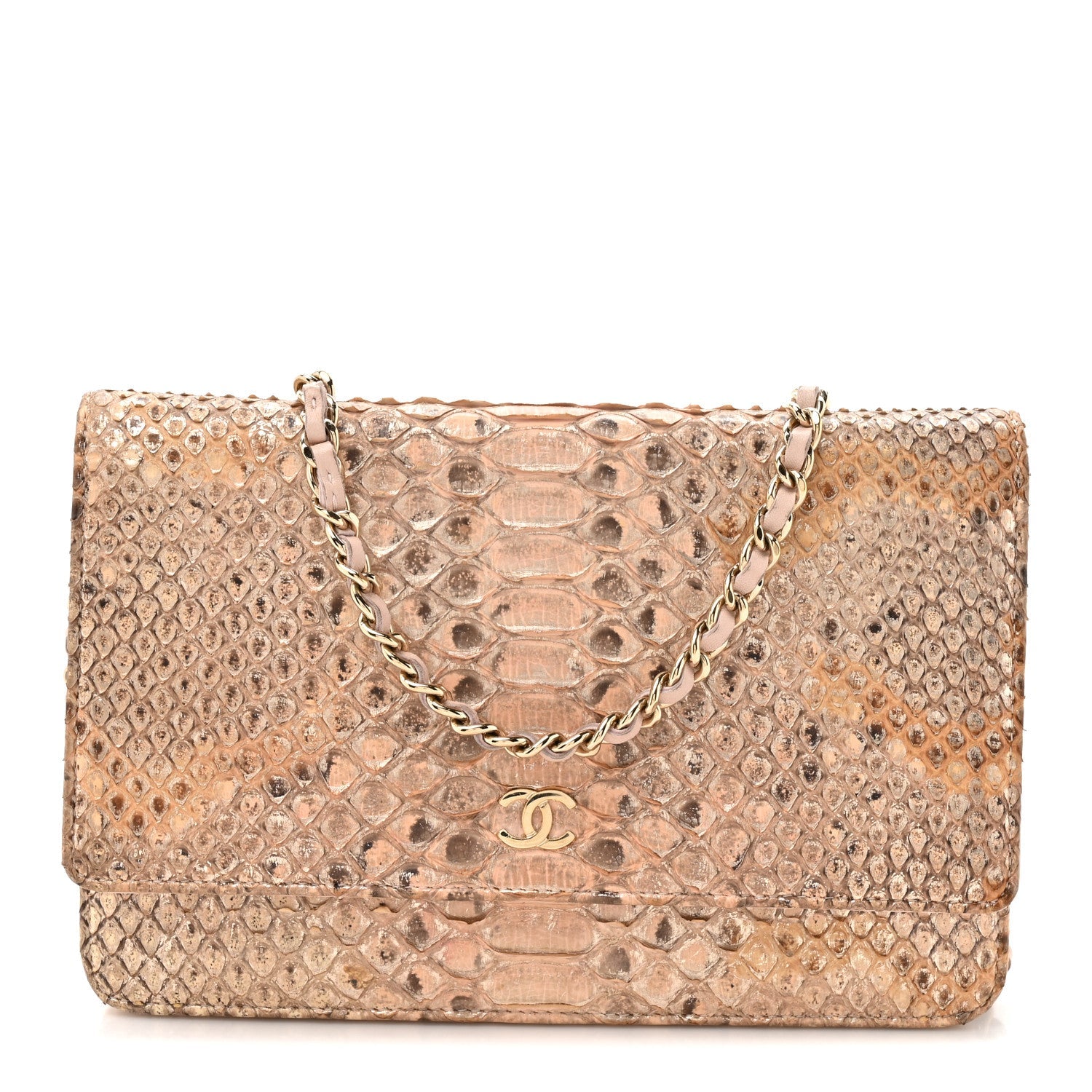 Metallic Snakeskin Wallet On Chain WOC Ivory Gold