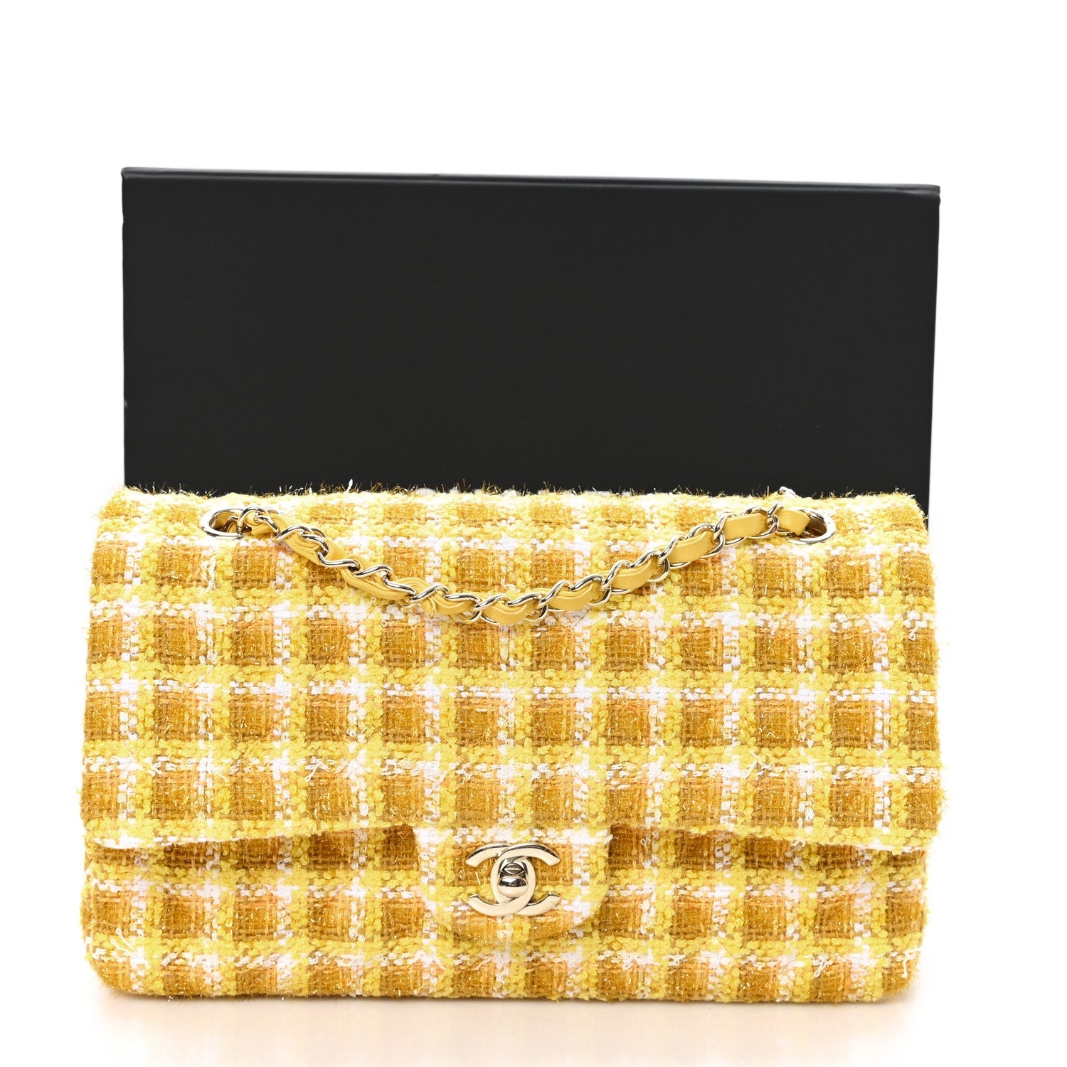 Tweed Quilted Medium Double Flap Yellow White Ochre