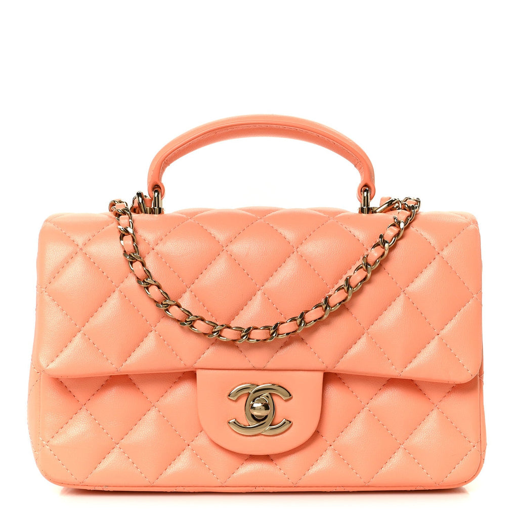 Lambskin Quilted Mini Top Handle Rectangular Flap Light Orange