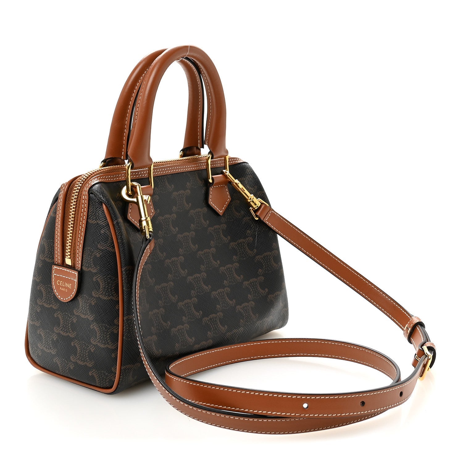 Triomphe Canvas Calfskin Small Boston Bag Tan