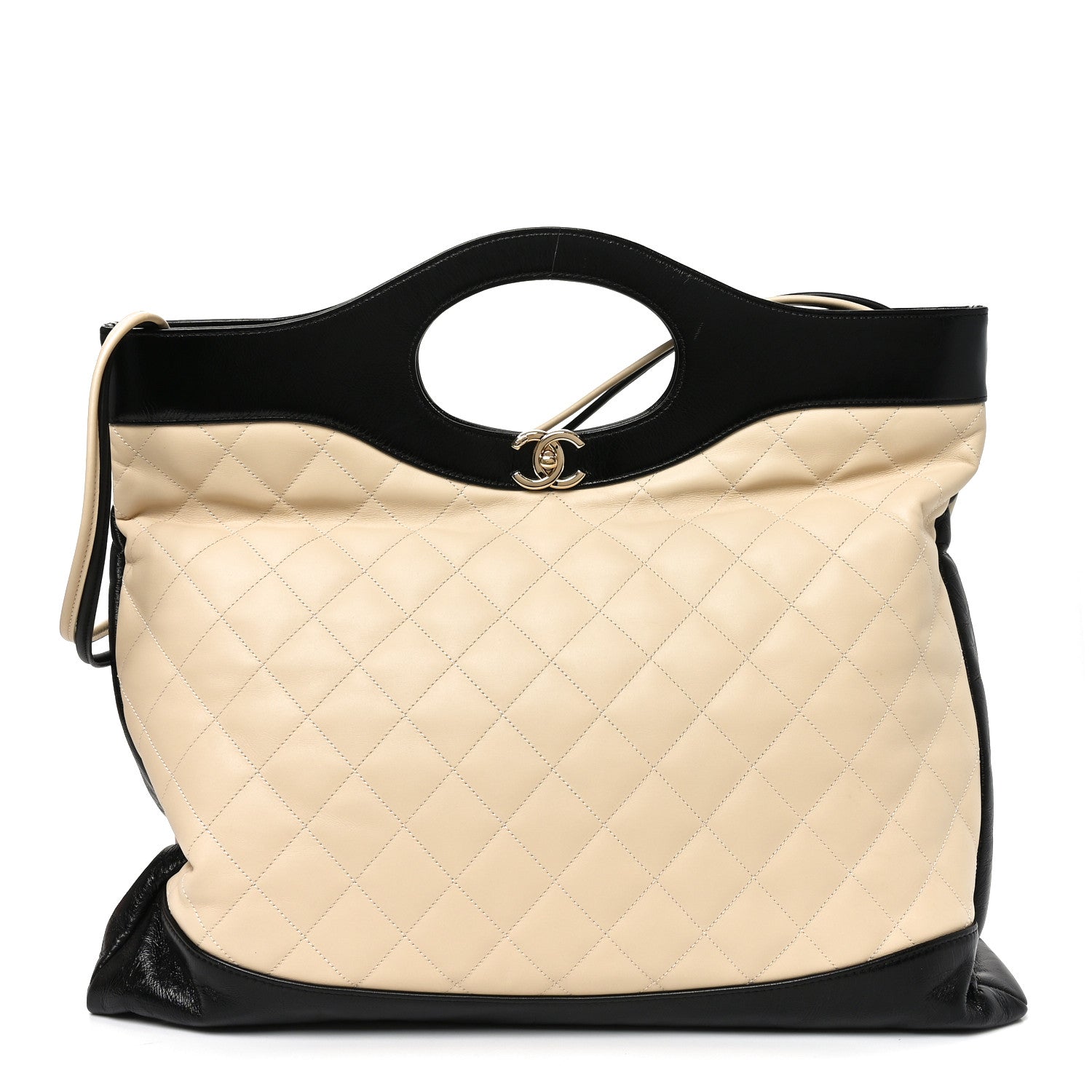 Aged Calfskin Quilted Large 31 Shopping Bag Beige Black