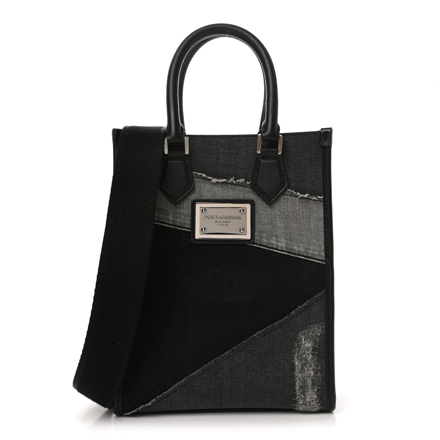 Denim Patchwork Small Logo Shopper Tote Black