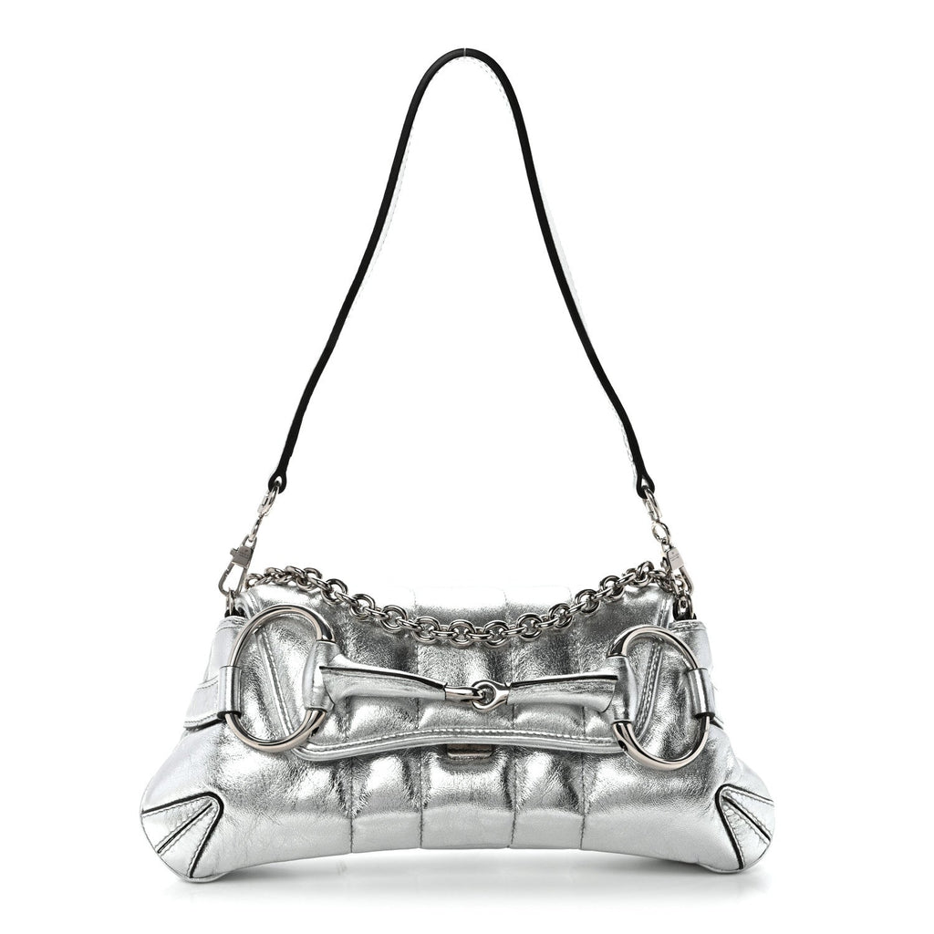 Metallic Nappa Vertical Matelasse Small Maxi Horsebit Chain Shoulder Bag Silver