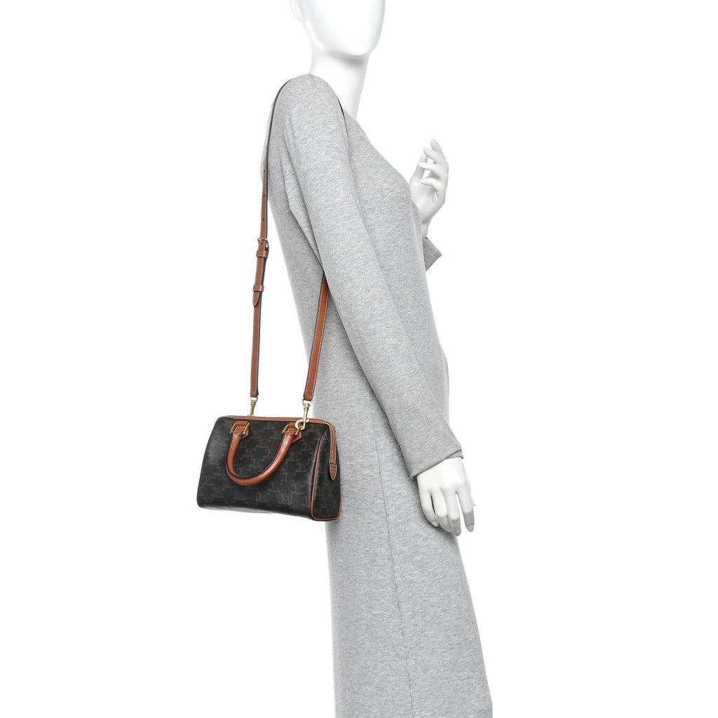 Triomphe Canvas Calfskin Small Boston Bag Tan
