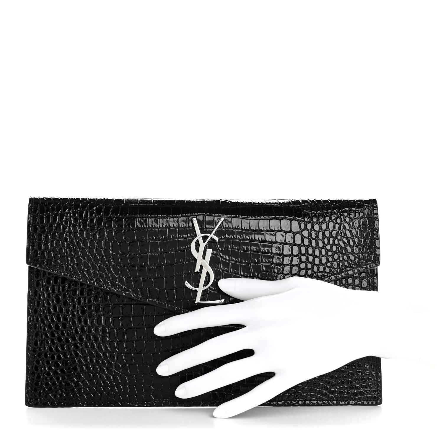 Calfskin Crocodile Embossed Uptown Monogram Pouch Black
