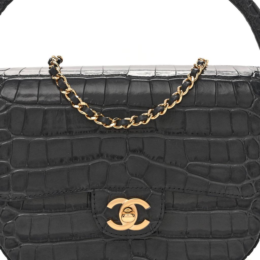 Calfskin Crocodile Embossed Turn Around Mini Flap Dark Grey