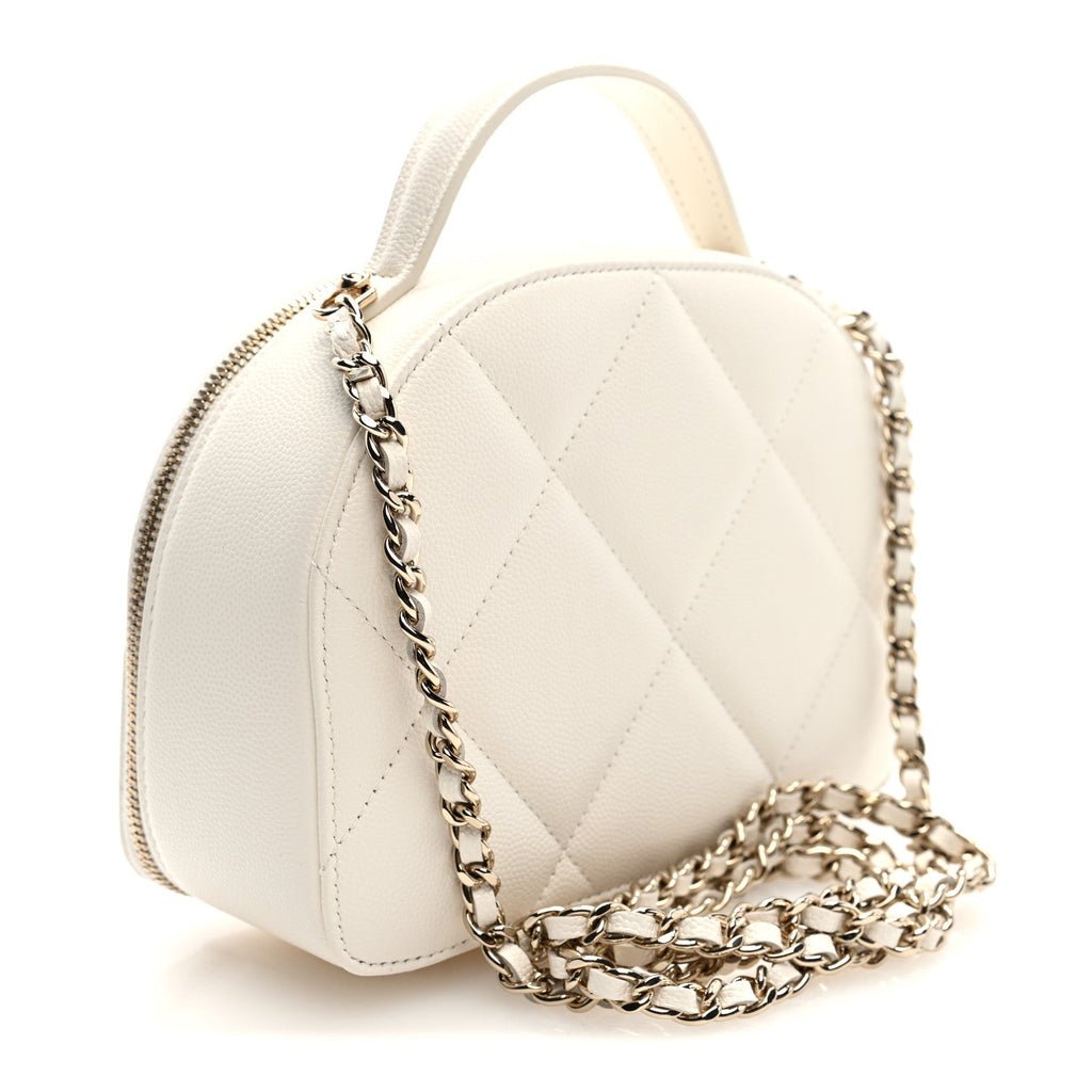 Grained Calfskin Quilted Top Handle Chain Clutch White