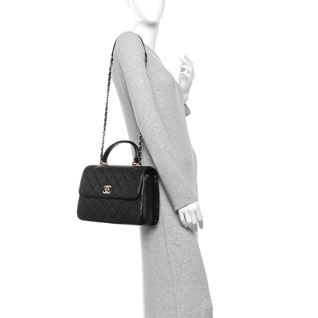 Lambskin Quilted Medium Trendy CC Flap Dual Handle Bag Black