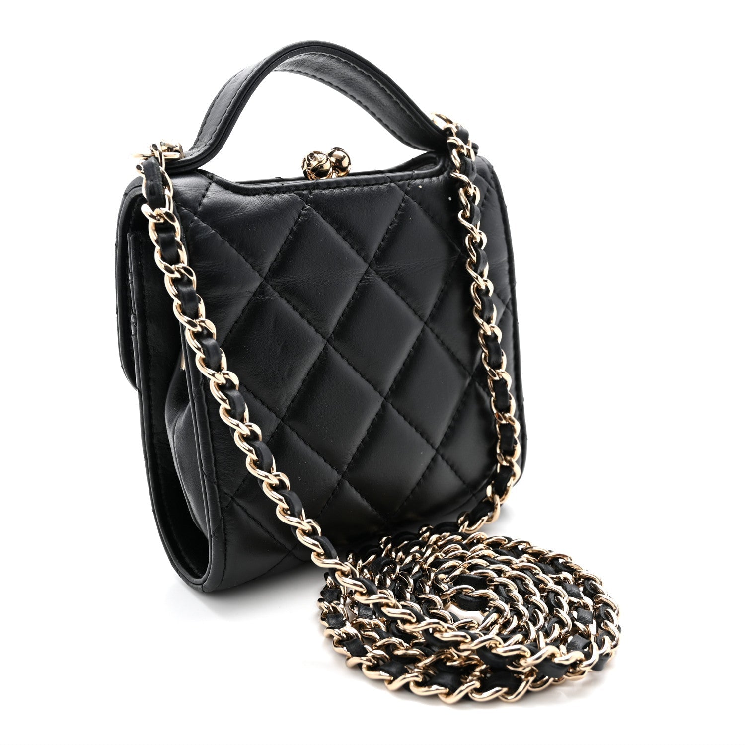 Lambskin Quilted Kiss Lock Top Handle Flap Clutch With Chain Black