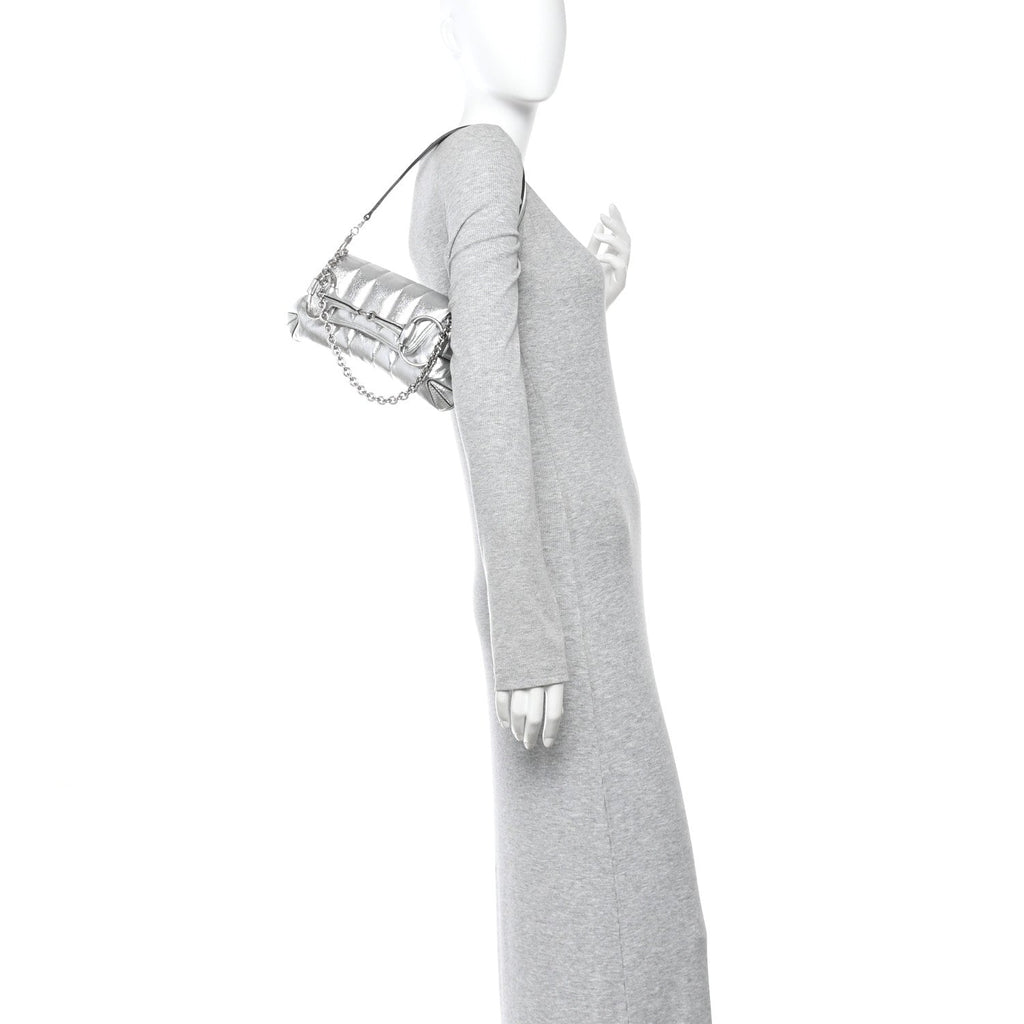 Metallic Nappa Vertical Matelasse Small Maxi Horsebit Chain Shoulder Bag Silver