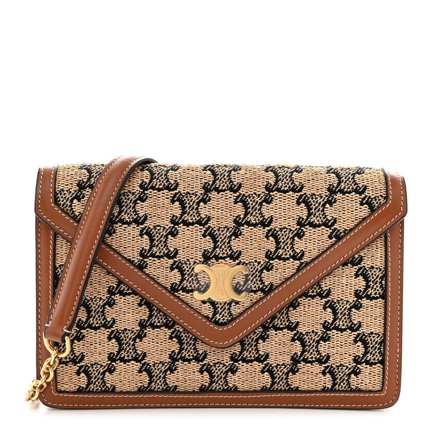 Raffia Jacquard Calfskin Triomphe Wallet on Chain Natural Tan