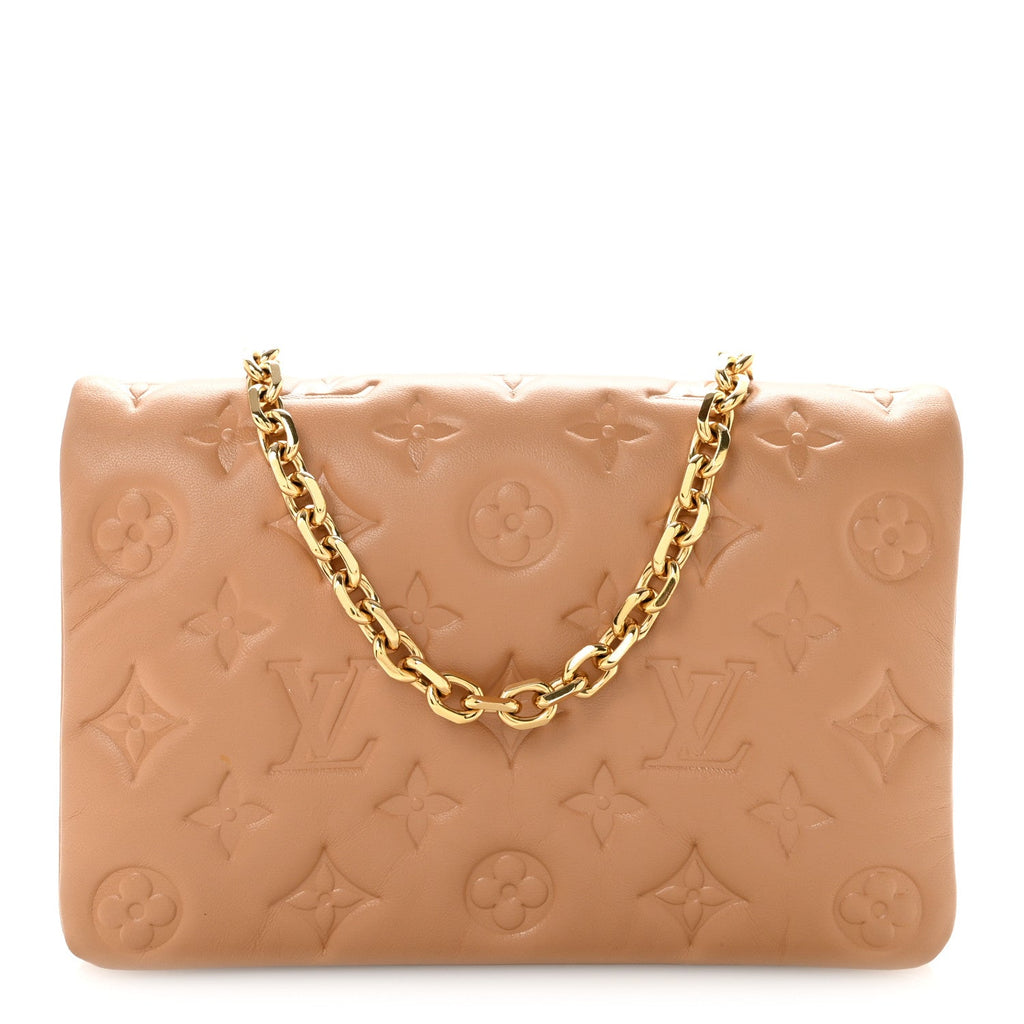 Lambskin Embossed Monogram Pochette Coussin Camel