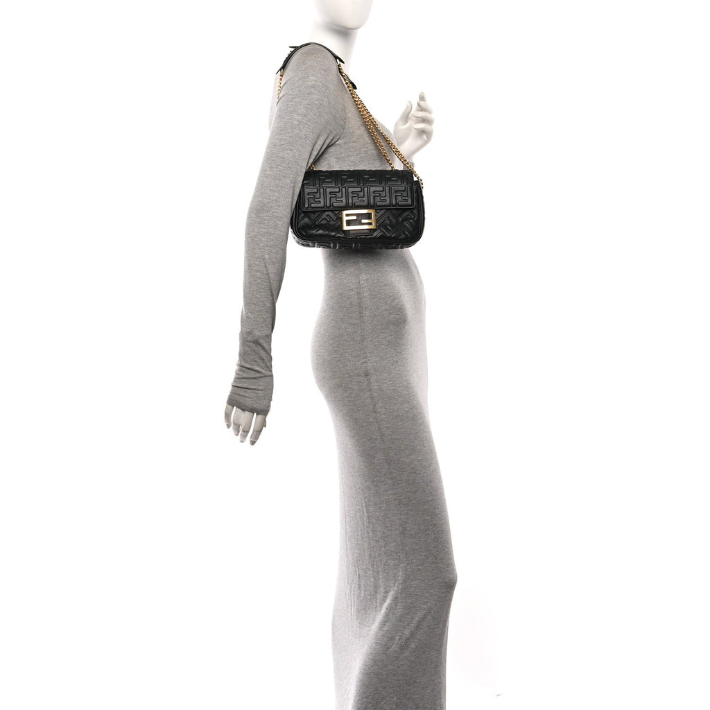 Nappa Small FF Embossed Midi Chain Baguette Black