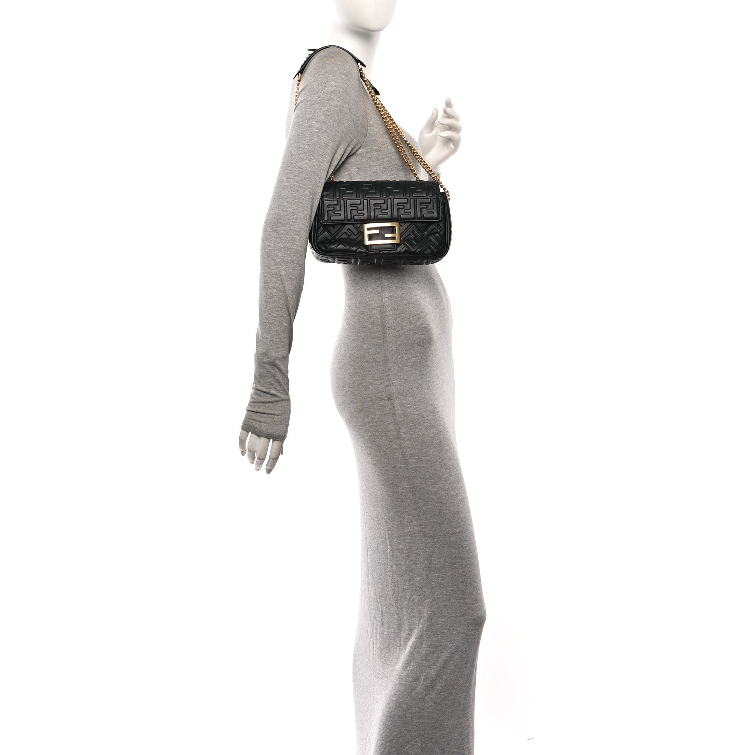 Nappa Small FF Embossed Midi Chain Baguette Black