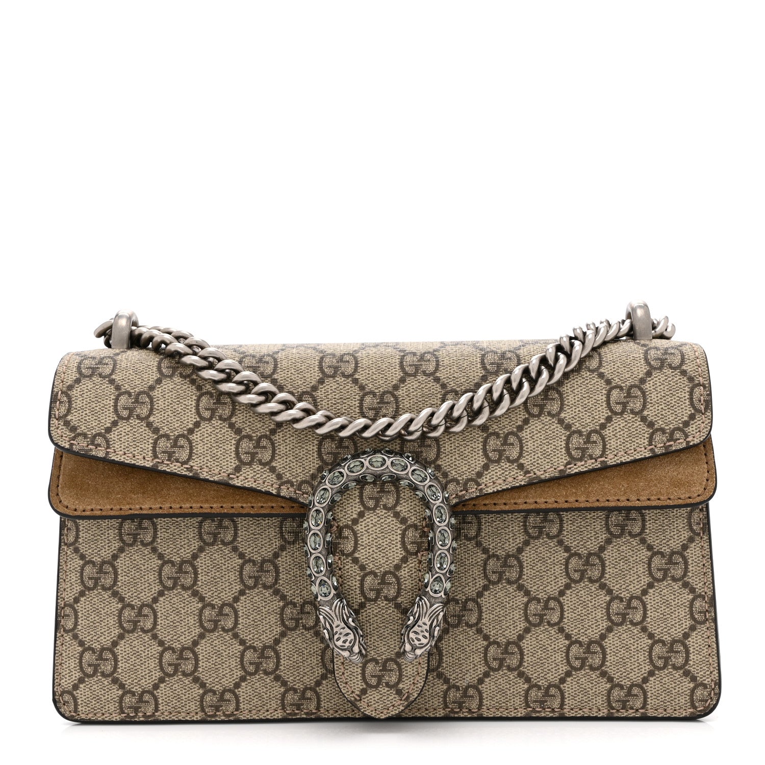 GG Supreme Monogram Suede Crystal Small Dionysus Shoulder Bag Beige Ebony Taupe